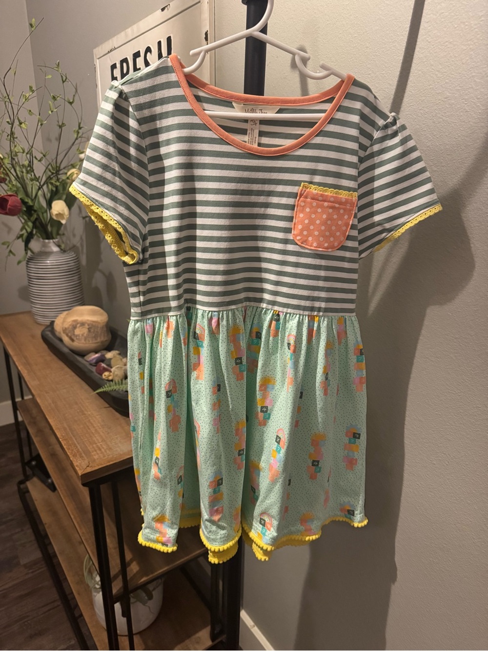 Girls' Striped & Printed Mint Green Dress with Coral Pocket